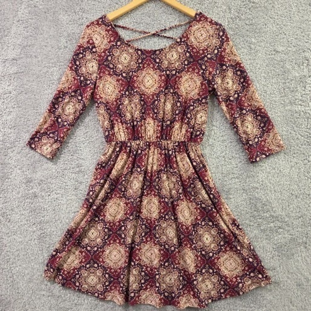French Grey Mini Dress Women's Large Burgundy Medallion 3/4 Sleeve Boho Strappy